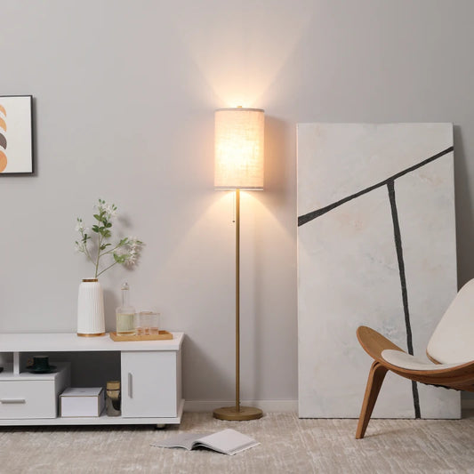 Lampadaire moderne lampe sur pied avec cadre en acier et interrupteur à tirette, pour salon, chambre, bureau 25,5 x 25,5 x 157 cm or et crème